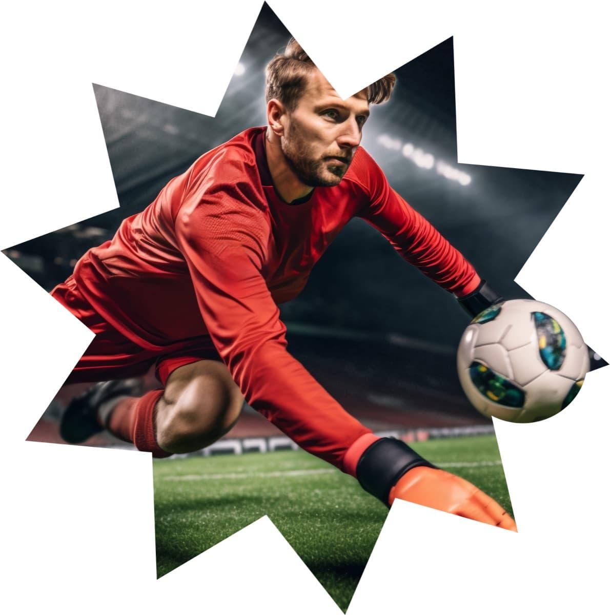 Goalkeeper diving to make a save under stadium lights